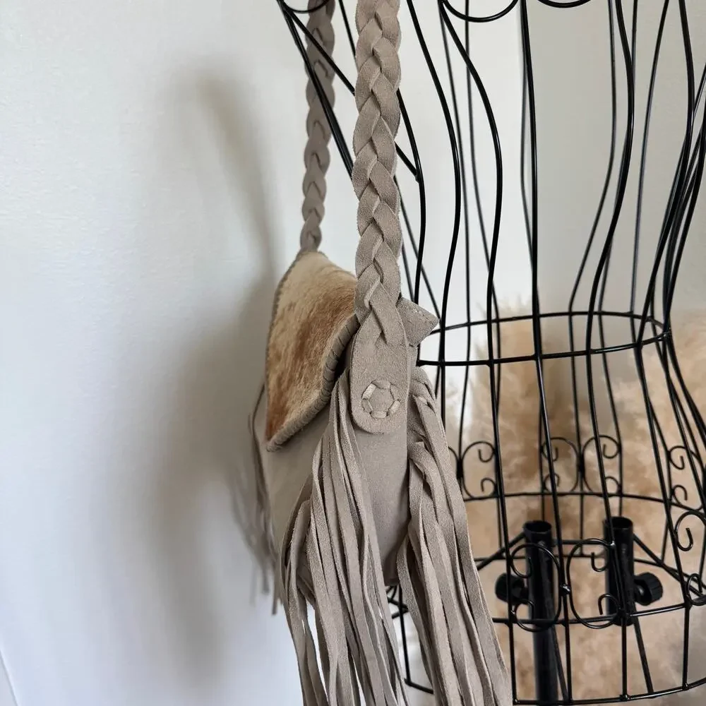 Zulia & Huipa Zina Fringe Shoulder Bag Suede & Cowhide Bone White Western